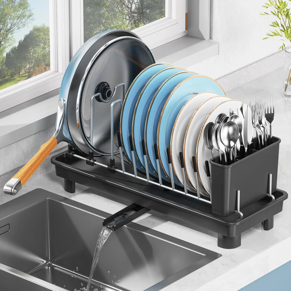 Compact Dish Drying Rack with Cutlery Holder